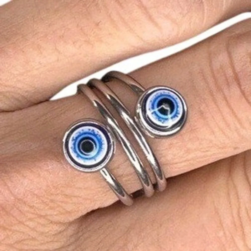Evil Eye Blue Stainless Steel Open Silver Tone Boho Ring